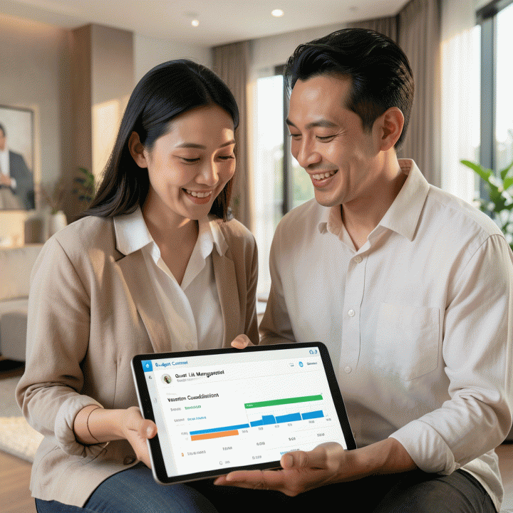 Sepasang pengantin Indonesia yang bahagia dan tenang meninjau dashboard perencanaan pernikahan digital di tablet, menunjukkan kontrol anggaran, daftar tamu, dan koordinasi vendor.