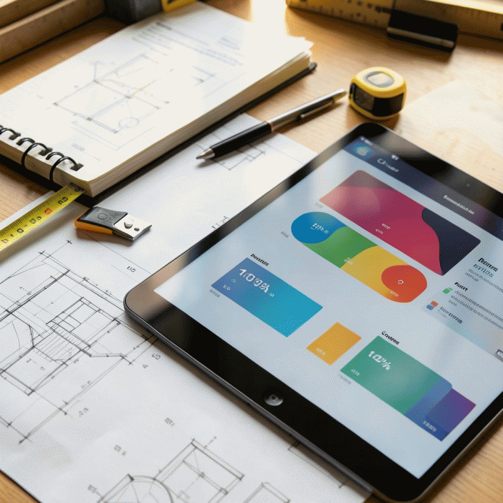 Kumpulan dokumen dan alat bantu di lokasi proyek, termasuk tablet, yang menunjukkan perencanaan dan pengendalian anggaran yang rapi.