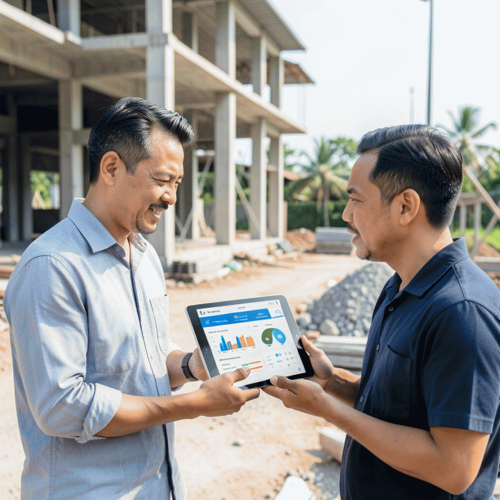 Seorang manajer proyek dan pemilik proyek di lokasi konstruksi modern sedang meninjau dashboard anggaran proyek yang rapi di tablet, menunjukkan kontrol biaya yang berhasil.