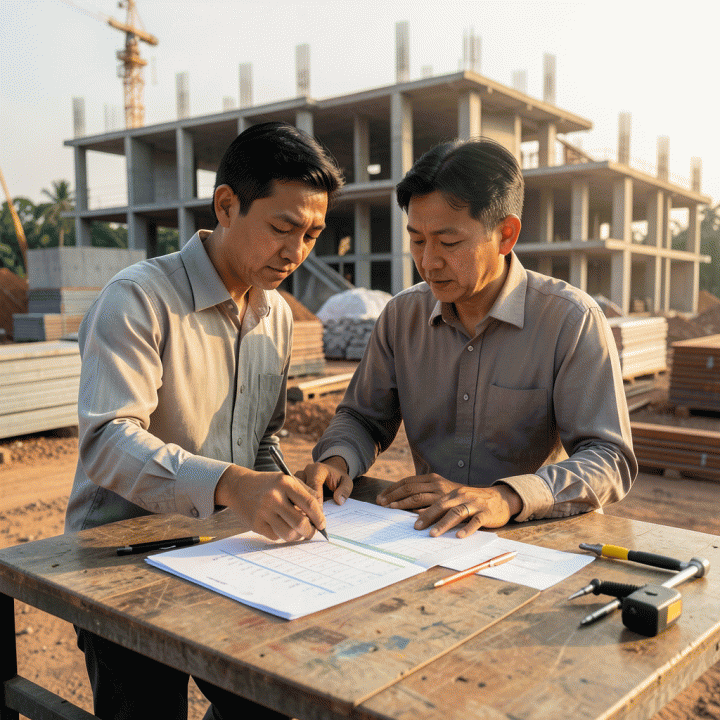 Seorang manajer proyek konstruksi di lapangan Indonesia sedang meninjau rencana anggaran dan jadwal proyek di lokasi konstruksi yang modern, melambangkan kontrol biaya proyek yang akurat.