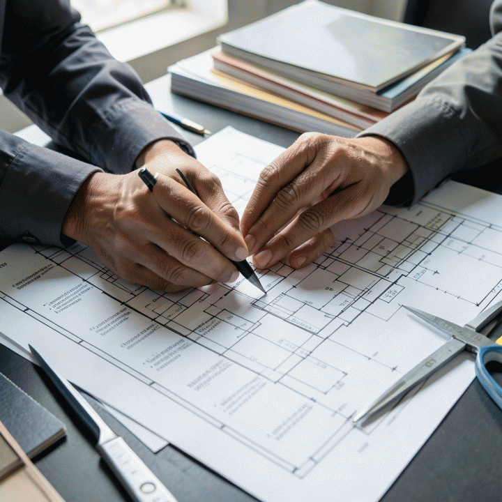 Tangan profesional sedang memeriksa dan menandai detail perhitungan biaya pada cetak biru proyek arsitektur.