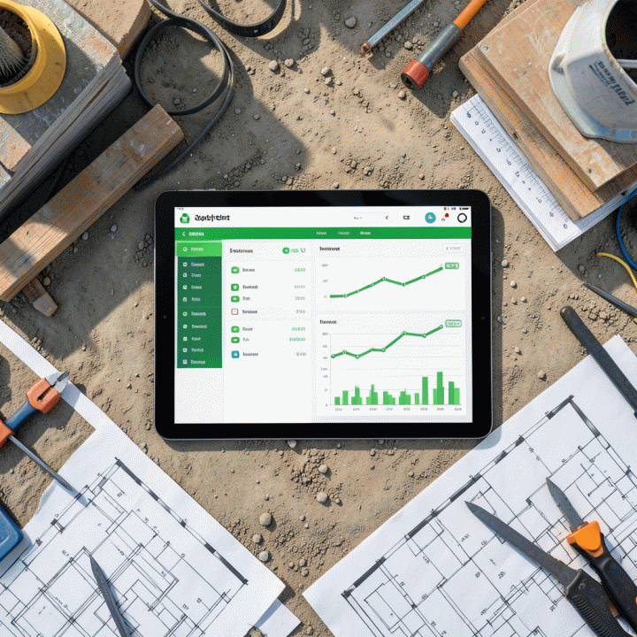Overhead view of a construction site with a digital budget tracking dashboard, symbolizing effective project cost management.