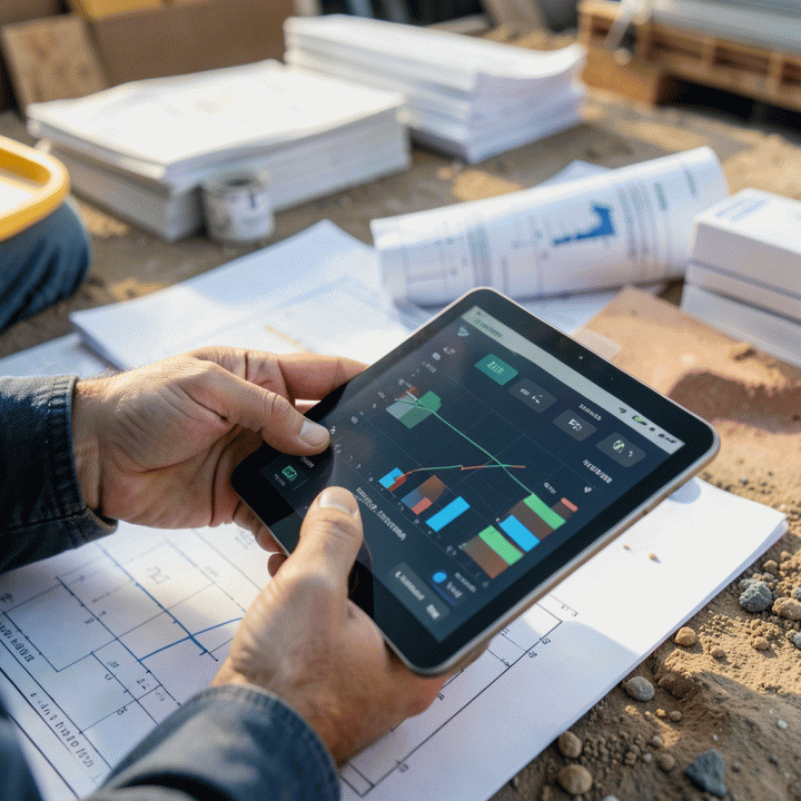 Hands tracking construction material usage and progress on a tablet for real-time project monitoring.
