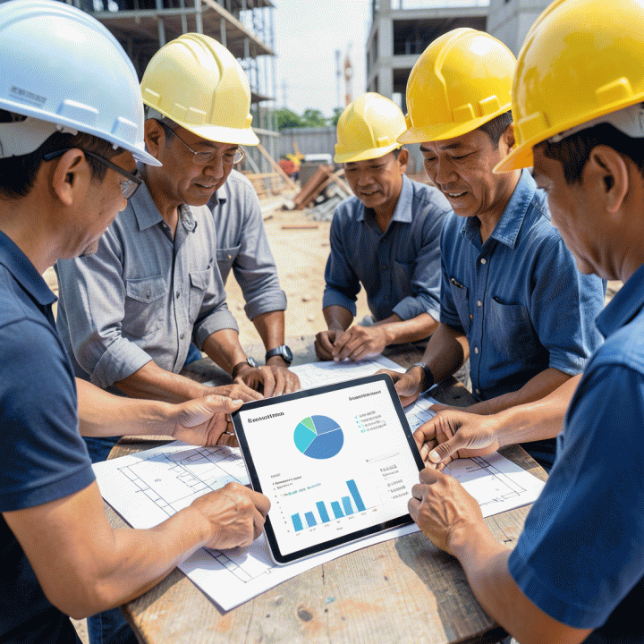 Tim kontraktor sedang berdiskusi dan mereview rencana anggaran serta progres proyek menggunakan tablet di lokasi konstruksi.