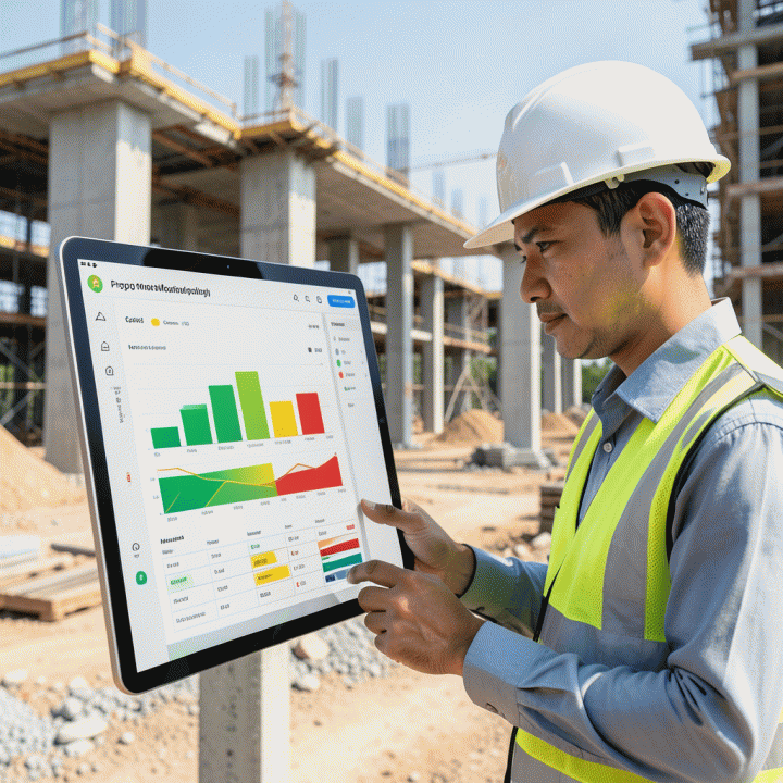 Seorang manajer proyek profesional di lokasi konstruksi memantau dashboard progres dan biaya proyek yang ditampilkan di tablet besar, menunjukkan kontrol biaya yang akurat dan modern.