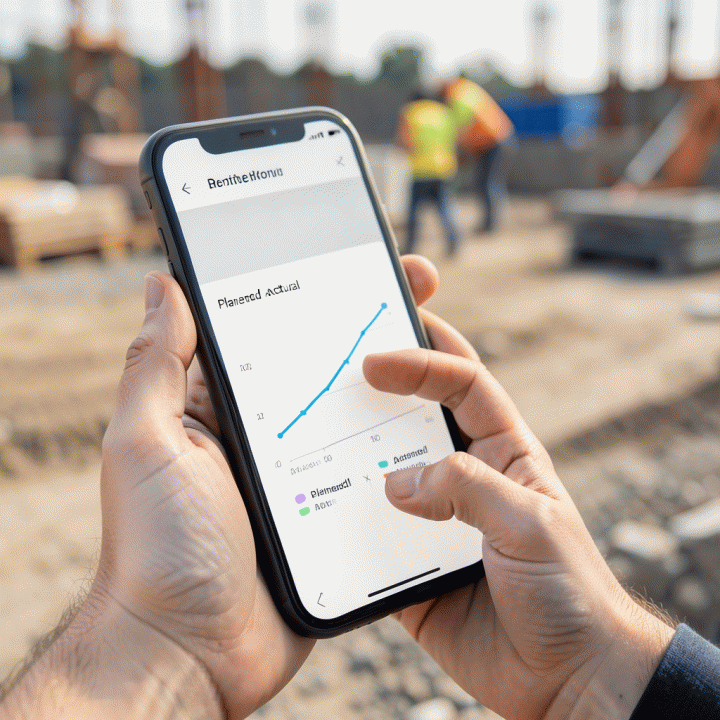 Penggunaan smartphone di lokasi konstruksi untuk memantau progres dan biaya proyek secara real-time dari jarak jauh.