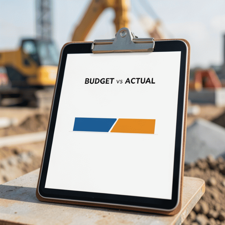 Visualisasi perbandingan anggaran vs realisasi biaya pada layar tablet proyek.