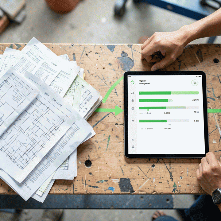 Perbandingan metode manual (berkas kertas) dan digital pada meja kerja kontraktor, menyoroti efisiensi kontrol biaya.