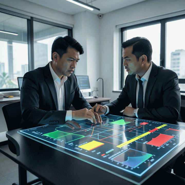 Seorang manajer proyek di kantor modern yang menganalisis grafik proyeksi anggaran dan progres secara real-time pada layar holografik yang menunjukkan data biaya dan jadwal kerja.