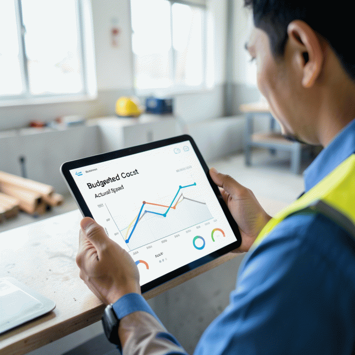 Pengguna meninjau perbandingan antara anggaran rencana dan biaya aktual pada dashboard digital di lapangan.