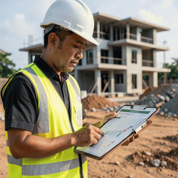 Manajer proyek sedang meninjau laporan dan progres di lokasi konstruksi, menunjukkan perencanaan yang cermat.