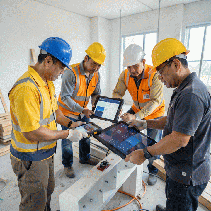 Tim pekerja konstruksi menggunakan perangkat digital untuk mencatat progres dan penggunaan material secara real-time di lokasi proyek.
