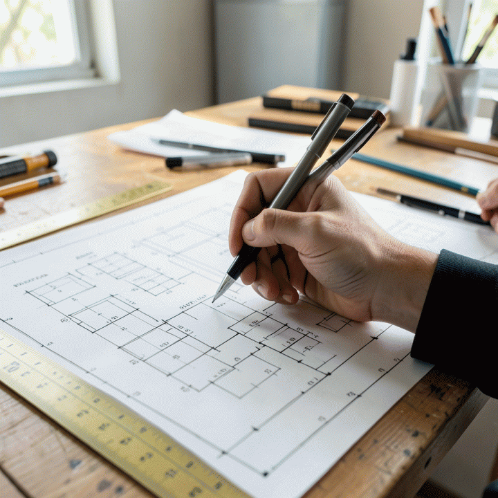 Tangan seorang kontraktor yang sedang membuat estimasi biaya dan rencana kerja detail di atas blueprint.