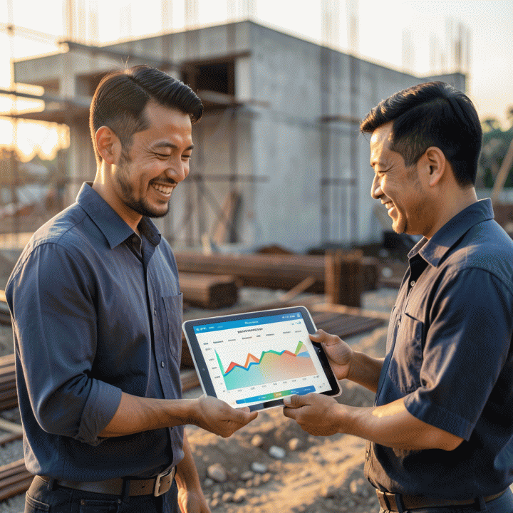 Project manager dan kontraktor di lokasi konstruksi modern Indonesia sedang meninjau data anggaran dan inventaris material proyek secara digital di tablet, menunjukkan kontrol biaya yang transparan.