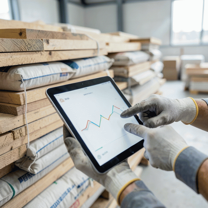 Detail material proyek dan tablet yang menampilkan pelacakan progres real-time di lokasi konstruksi.