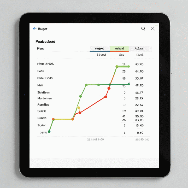 Digital tablet displaying an organized timeline and budget comparison chart for project management.