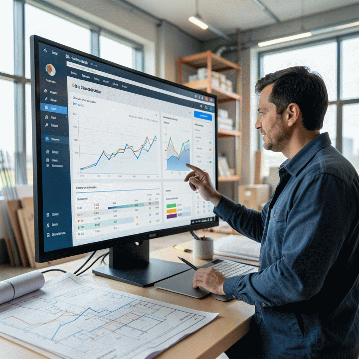 Man reviewing real-time project budget and progress tracking data on a large screen in a modern project office.