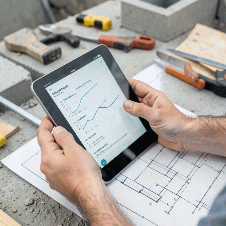 Hands tracking construction progress and material usage using a tablet on a construction site.