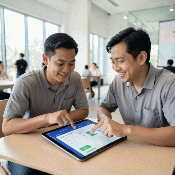 Pasangan pengantin muda yang berkolaborasi mengelola dan mengontrol anggaran pernikahan di tablet, menunjukkan kelegaan dan perencanaan yang teratur.