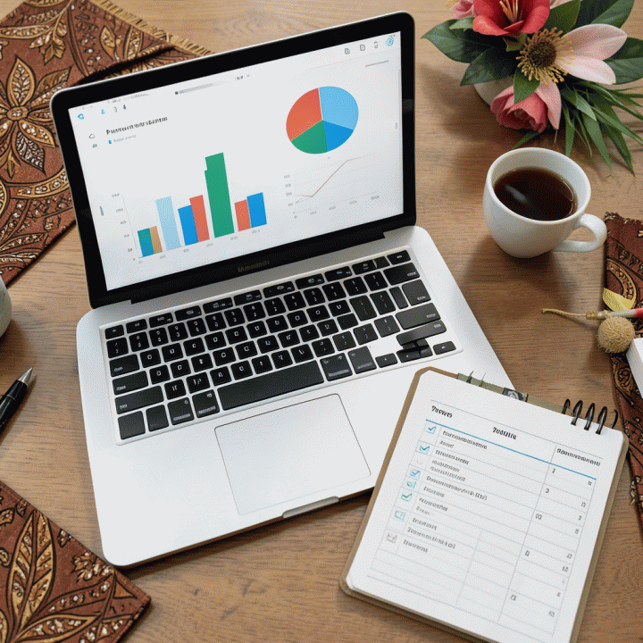 Tata letak meja perencanaan pernikahan yang terorganisir, menampilkan checklist, laptop dengan grafik anggaran, dan alat bantu keuangan.