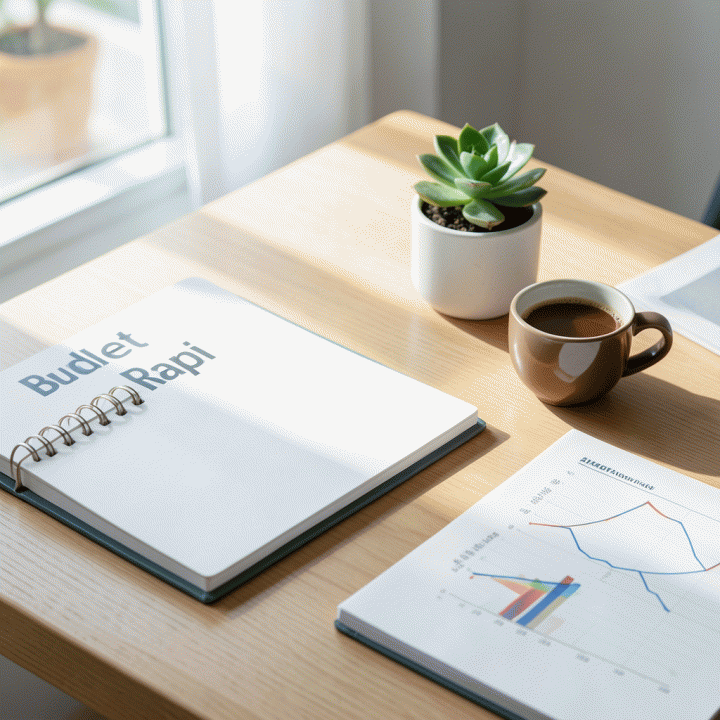 Meja kerja profesional yang rapi dengan planner keuangan dan kopi, melambangkan pengelolaan anggaran pribadi yang terstruktur.