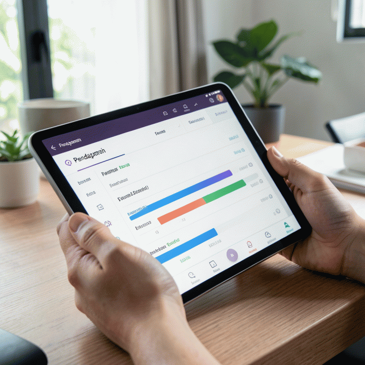 Tangan melacak pengeluaran di dashboard anggaran digital yang bersih dan mudah dibaca.