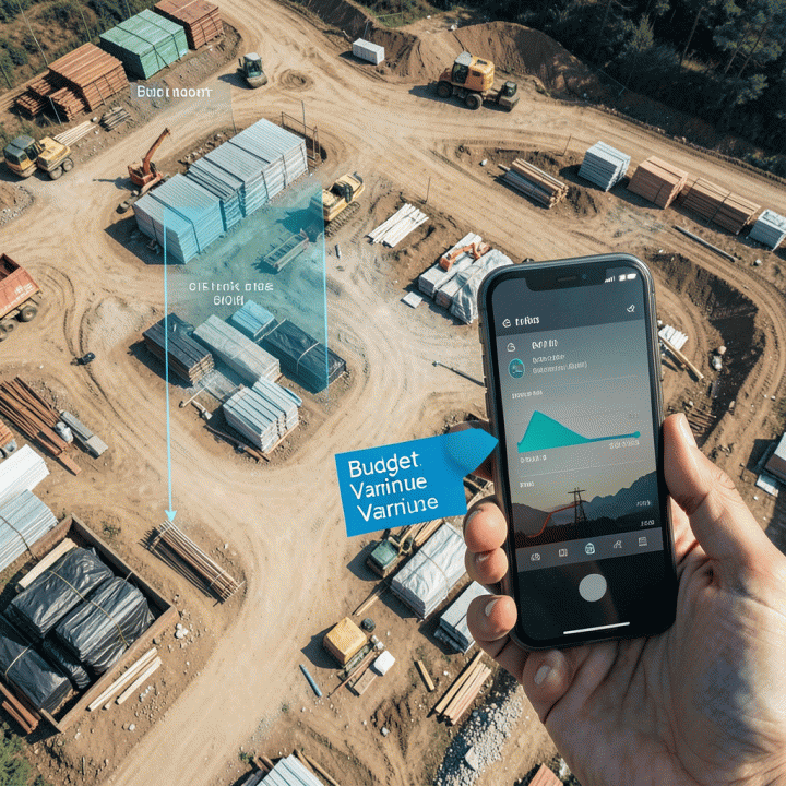 Tampilan udara lokasi proyek konstruksi dengan overlay digital untuk memantau progres dan anggaran.