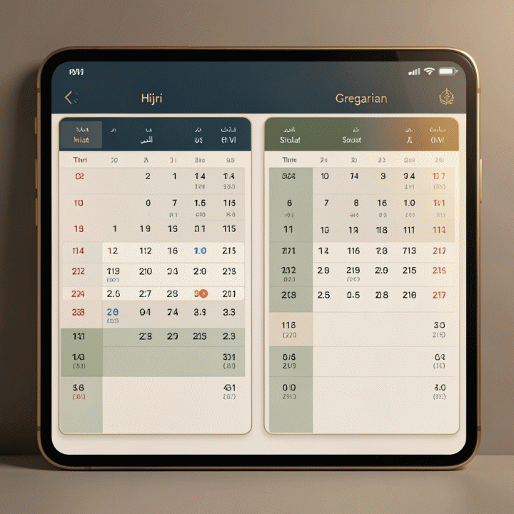 Tampilan antarmuka aplikasi kalender digital yang elegan, menunjukkan sinkronisasi jadwal ibadah (Sholat) antara kalender Hijriah dan kalender Masehi dalam format yang rapi dan modern.