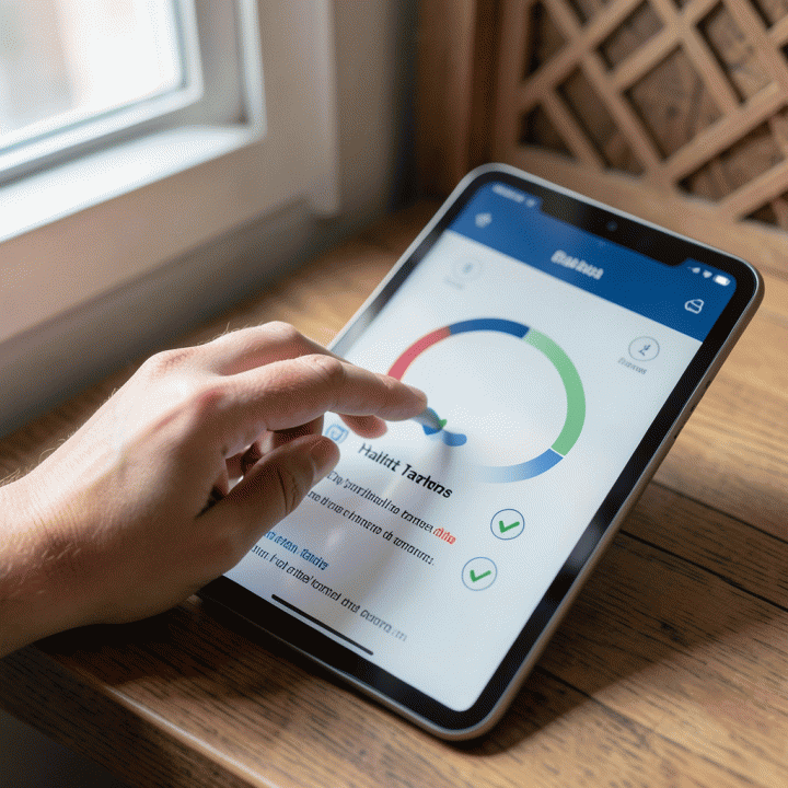 Tangan yang menggunakan tablet untuk menandai progres ibadah harian di aplikasi pelacak kebiasaan (habit tracker), menunjukkan konsistensi spiritual.