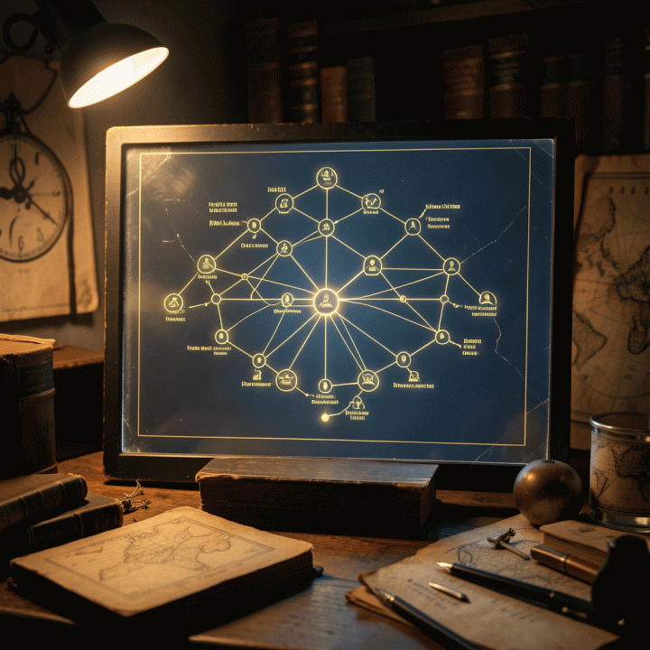 Digital family tree concept visualization with interconnected nodes and archival textures, symbolizing digital family history and heritage.