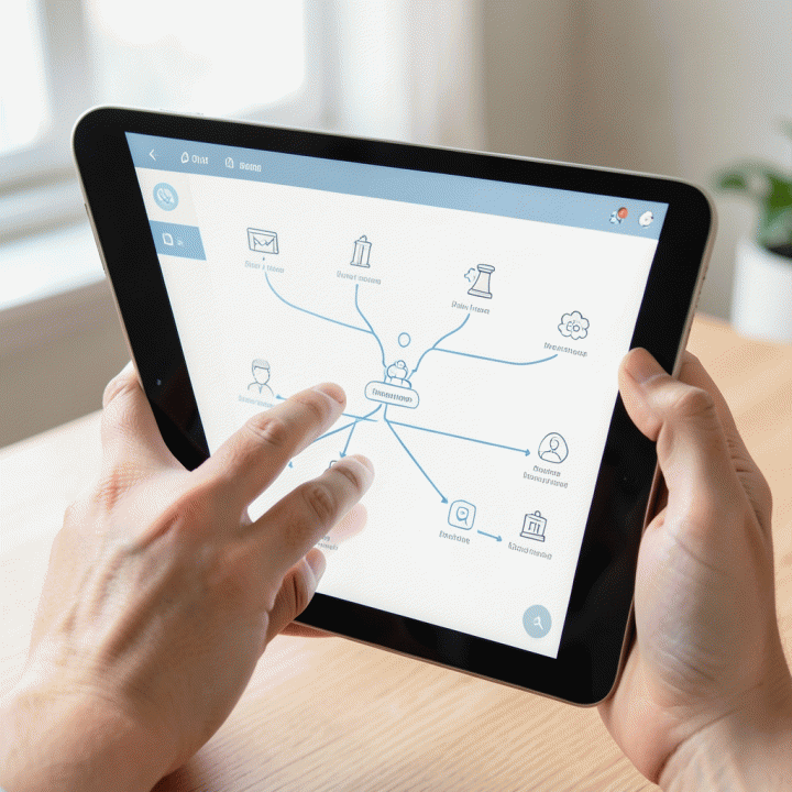 Hand interacting with a digital family tree software interface on a tablet.