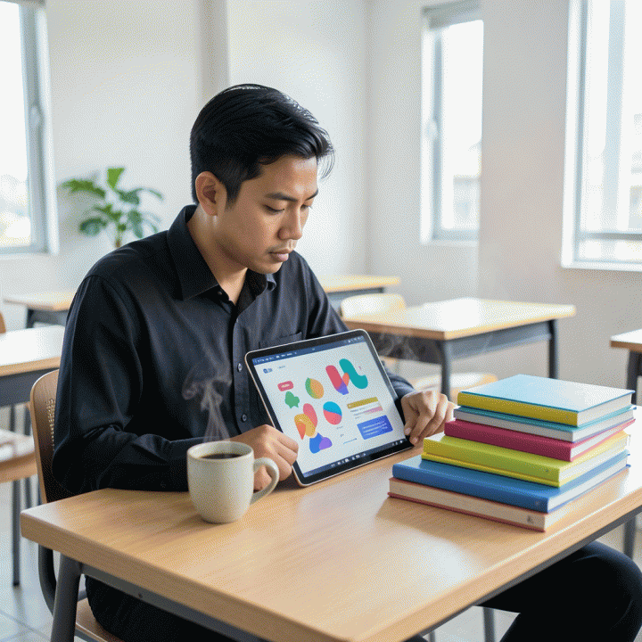 Seorang guru modern Indonesia yang tampak efisien dan kreatif, menggunakan tablet digital di ruang kelas yang cerah, menunjukkan bantuan teknologi dalam menyusun materi pembelajaran.