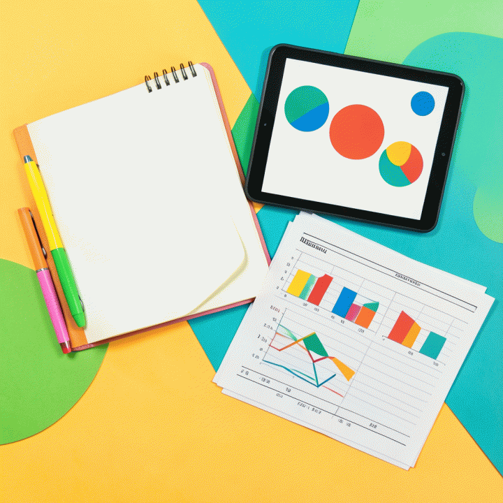 Komposisi flat lay materi ajar yang terorganisir, menggabungkan alat tulis dan teknologi digital, melambangkan efisiensi pengajaran.