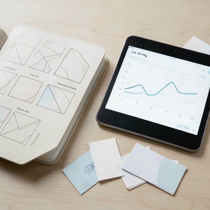 Tata letak datar (flat lay) yang menunjukkan alat organisasi pencarian kerja: buku catatan terstruktur, tablet dengan diagram kemajuan abstrak, dan kartu kontak yang tertata rapi.