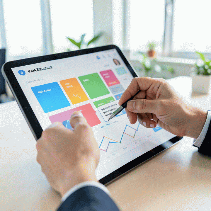 Tangan profesional yang melacak dan memperbarui status prospek karir pada dasbor digital, menunjukkan sistem pelacakan aplikasi pekerjaan yang terorganisir.
