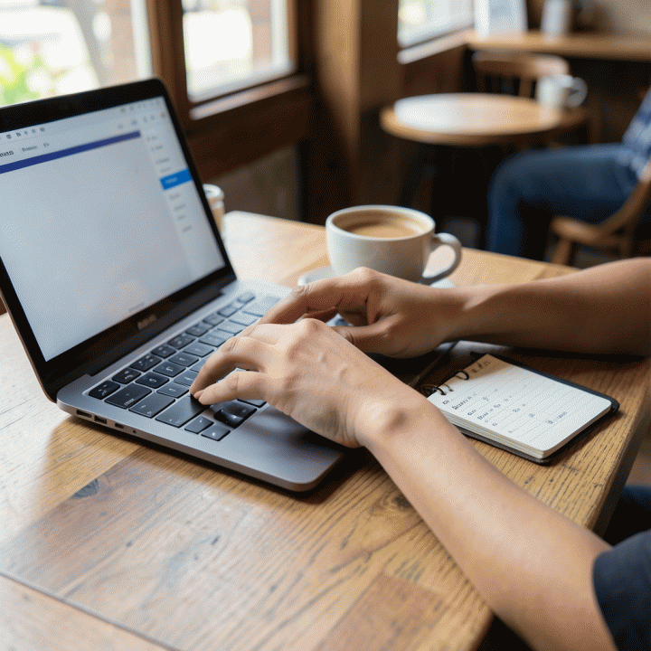 Tangan sedang mengetik di laptop dan membuat catatan perencanaan karir/prospek kerja di jurnal fisik, menunjukkan metode pelacakan yang terstruktur.