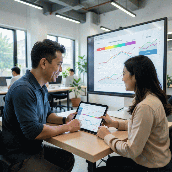 Seorang profesional Indonesia yang sedang bekerja di co-working space modern sambil memantau dashboard digital yang menunjukkan kemajuan dan pelacakan pekerjaan karir secara terorganisir.