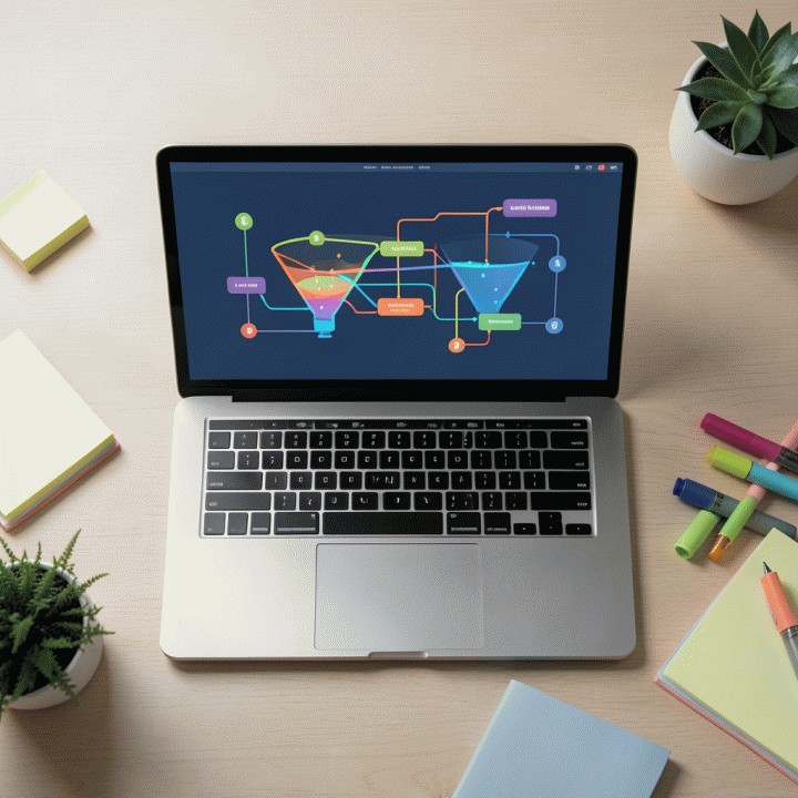 Tampilan atas meja kerja dengan laptop yang menampilkan diagram aliran (funnel chart) progres peluang kerja atau proyek secara visual abstrak dan terorganisasi.