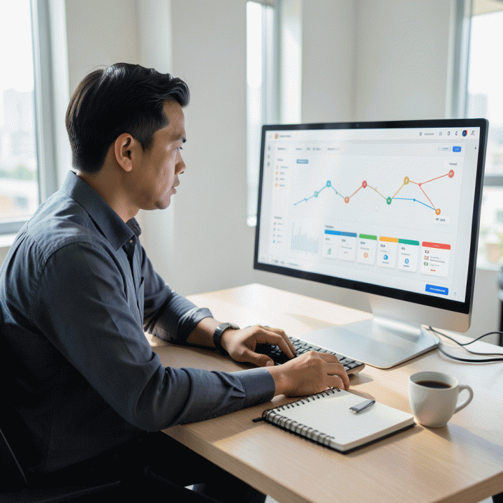 Seorang profesional muda Indonesia yang fokus dan terorganisir sedang meninjau dashboard digital di meja kerja modern, melacak progres lamaran kerja dan peluang karir dengan sistematis.