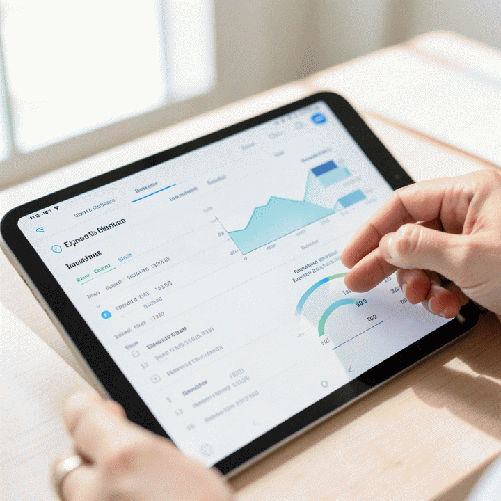 Tangan yang sedang memasukkan data pengeluaran dengan rapi ke dalam antarmuka aplikasi penganggaran digital di tablet.