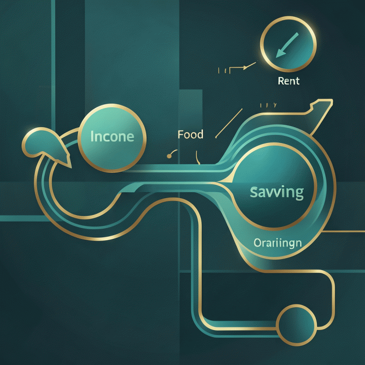 Diagram visual abstrak yang menggambarkan aliran uang yang terorganisir, menunjukkan pendapatan masuk dan dialokasikan ke berbagai kategori pengeluaran.