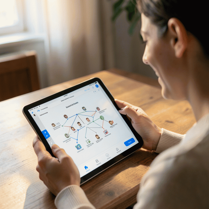 Seorang pengguna yang tersenyum sedang melihat pohon keluarga yang terorganisir dengan indah di tablet, menunjukkan kemudahan melestarikan sejarah keluarga secara digital.