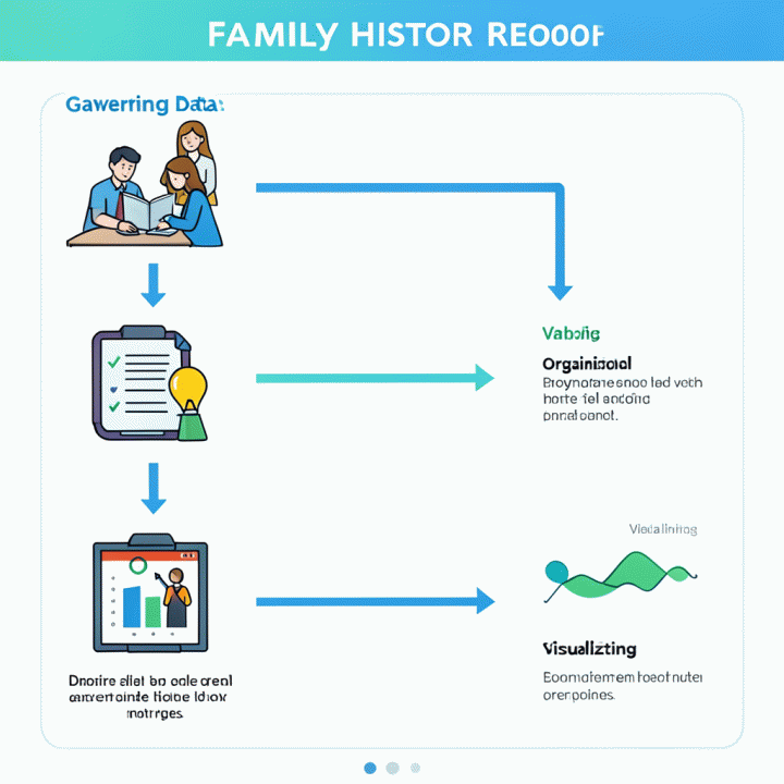 Infografis langkah demi langkah untuk memulai riset sejarah keluarga, menampilkan proses pengumpulan data, pengorganisasian, visualisasi, dan pembagian.