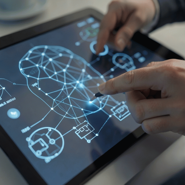 Hand interacting with a digital interface showing abstract cognitive maps and neural network visualizations for self-assessment.