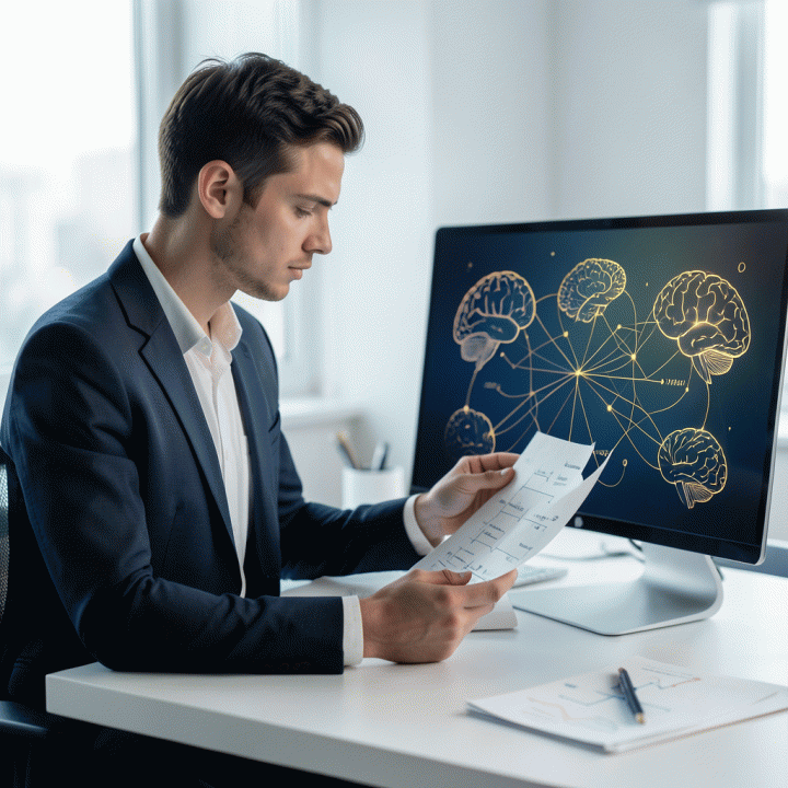 Young professional thoughtfully analyzing complex cognitive patterns and career development on a clean desk, symbolizing self-assessment and strategic planning.