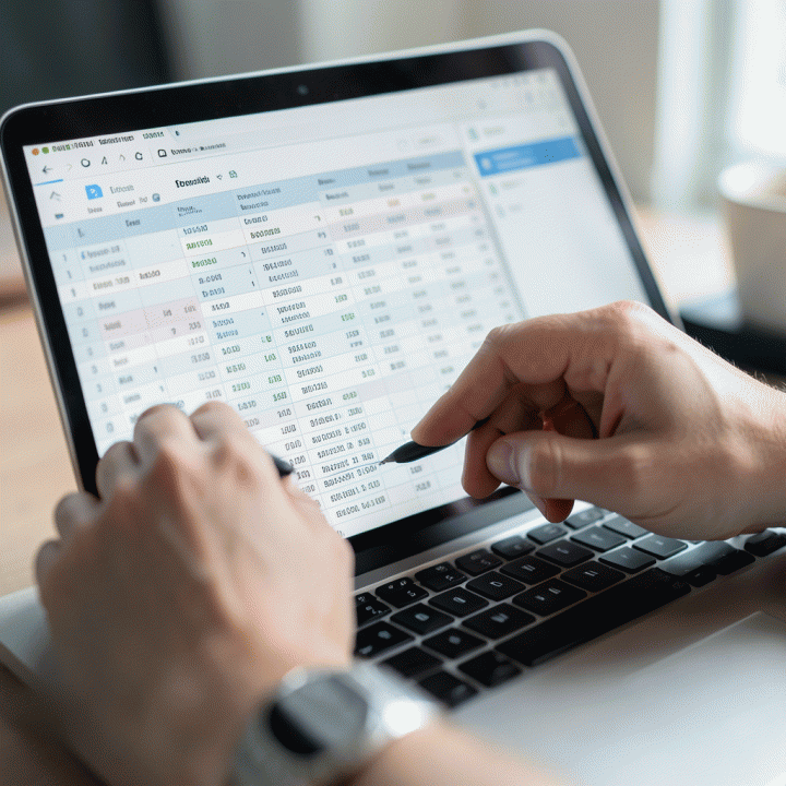 Tangan yang sedang mengatur dan memasukkan data ke dalam template spreadsheet modern di layar laptop, menekankan pengorganisasian data keuangan.