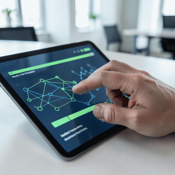 Tangan profesional berinteraksi dengan dashboard digital yang menampilkan visualisasi abstrak untuk pemodelan bauran media dan alokasi anggaran.