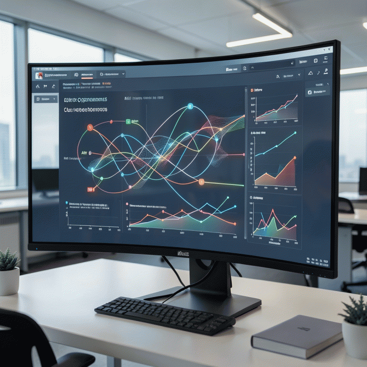 Visualisasi laporan akuntabilitas pemasaran yang kompleks dan multi-lapisan pada monitor besar, menunjukkan peningkatan ROI yang signifikan.