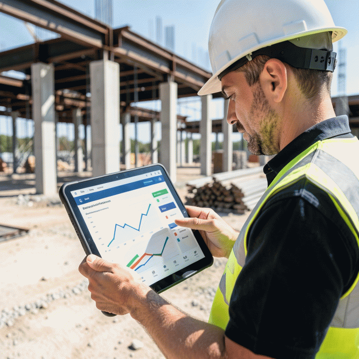 Manajer proyek di lokasi konstruksi modern sedang meninjau dashboard progres dan kontrol biaya proyek pada tablet, menunjukkan manajemen yang terperinci dan terkontrol.