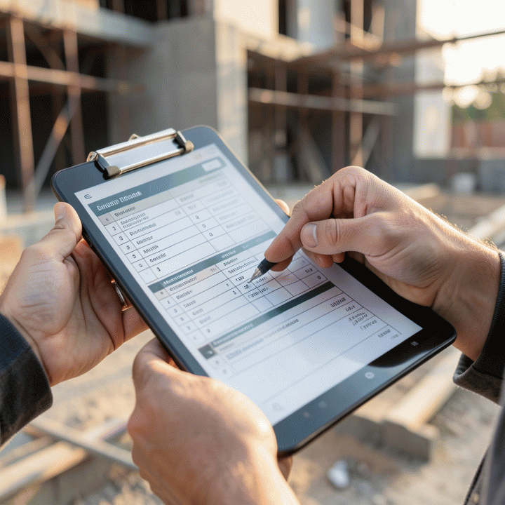 Tangan seorang supervisor sedang mencatat laporan progres harian dan inventaris material pada tablet di lokasi konstruksi.